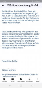 Verbot des Befahrens des Döllnsees - Screenshot Mail des Biosphärenreservates 